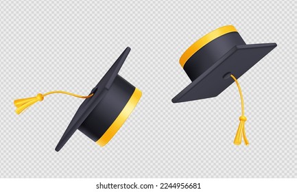 Throw up graduation caps in air. Flying black academic hats with yellow rope tassel isolated on transparent background, 3d vector illustration, angle view