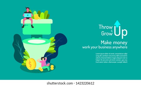 throw up and grow up. two human looking at laptop analyze and develop process job. business marketing concept. detroy the weakness point and fast increase your goal. vector illustration eps10