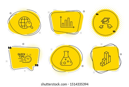 Throw hats, Chemistry lab and 3d chart signs. Chat bubbles. Diagram graph, Quick tips and Internet search line icons set. Presentation chart, Helpful tricks, Web finder. College graduation. Vector