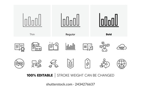 Throw hats, Column chart and Vacancy line icons. Pack of Delegate work, Music book, Stop stress icon. Conversation messages, Magistrates court, Certificate pictogram. Shoulder strap. Vector