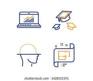 Throw hats, Face scanning and Online statistics icons simple set. Architectural plan sign. College graduation, Faces detection, Computer data. Technical project. Science set. Linear throw hats icon