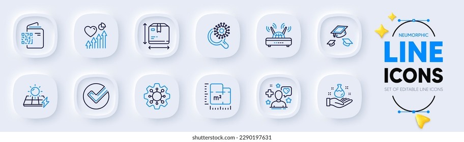 Throw hats, Floor plan and Solar panels line icons for web app. Pack of Qr code, Box size, Execute pictogram icons. Verify, Patient, Wifi signs. Heart beat, Coronavirus research, Chemistry lab. Vector