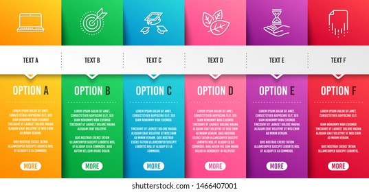 Throw hats, Organic tested and Target purpose line icons set. Infographic timeline. Time hourglass, Notebook and Recovery file signs. College graduation, Bio ingredients, Business focus. Vector