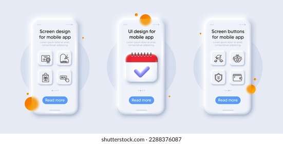 Throw hats, Piano and Holidays shopping line icons pack. 3d phone mockups with calendar. Glass smartphone screen. Wallet, Certificate, Buy button web icon. Chandelier, Shield pictogram. Vector