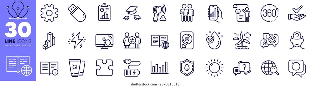 Throw hats, Recovery data and Water drop line icons pack. Technical info, 3d chart, Blood donation web icon. Service, Analysis app, Touch screen pictogram. Survey, Puzzle, Internet book. Vector