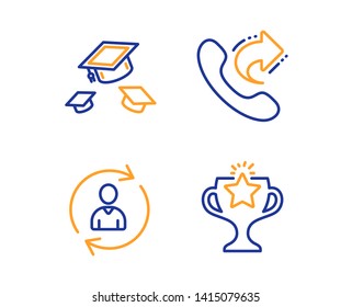 Throw hats, Share call and Person info icons simple set. Victory sign. College graduation, Phone support, Refresh user data. Championship prize. Business set. Linear throw hats icon. Vector