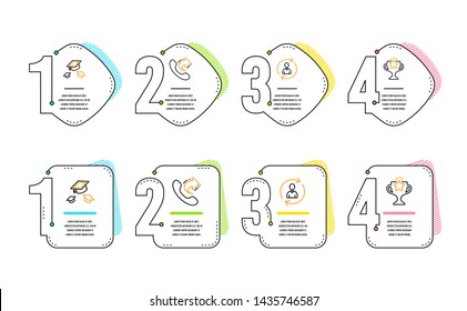 Throw hats, Share call and Person info icons simple set. Victory sign. College graduation, Phone support, Refresh user data. Championship prize. Business set. Infographic timeline. Vector