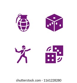 throw icon. 4 throw set with dices, dice, grenade and hand grenade vector icons for web and mobile app