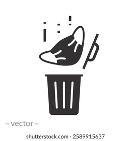 throw into an urn, end of quarantine and pandemic, discard medical mask in a trash bin icon, completed epidemic, flat vector illustration