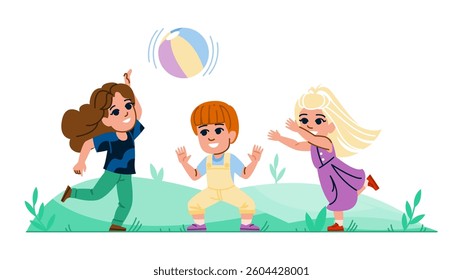 throw kids playing catch  vector.  ball activity, exercise teamwork, coordination friends throw kids playing catch character. people flat cartoon illustration