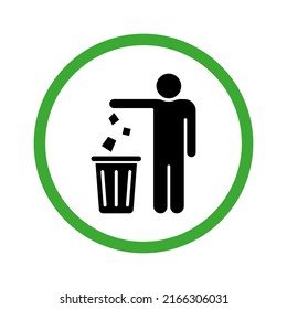 Throw Litter in Bin Silhouette Green Icon. Disposal Waste Glyph Pictogram. Tidy Man Throw Rubbish in Can Sign. Keep Clean Icon. Allowed Drop Trash in Bin. Isolated Vector Illustration.