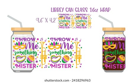 Throw me somethig mister. Mardi Gras design with cocktails and confetti. Printable Full wrap for libby glass can.