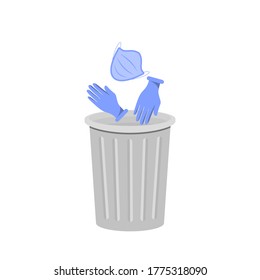 Throw a medical mask and rubber gloves into the trash. Vector illustration, flat color cartoon design, isolated on white background, eps 10.