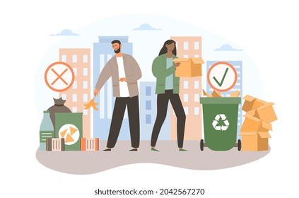 Throw out garbage concept. Woman throws waste into special garbage can, man throws garbage down street. Recycling for nature conservation. Cartoon flat vector illustration isolated on white background