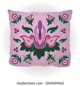 Throw pillow isolated for home interior design. Decorated with traditional oriental ornament in indian style. Vector illustration