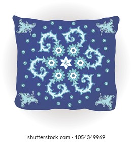 Throw pillow isolated for home interior design. Decorated with traditional oriental ornament in indian style. Vector illustration