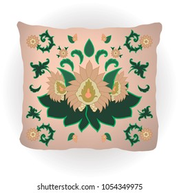 Throw pillow isolated for home interior design. Decorated with traditional oriental ornament in indian style. Vector illustration