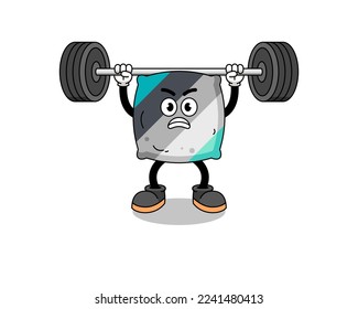 throw pillow mascot cartoon lifting a barbell , character design