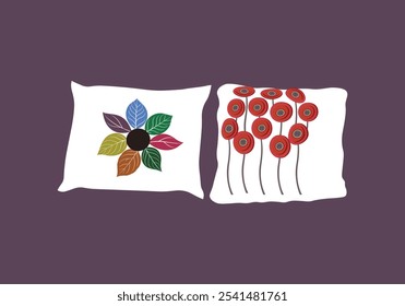 Throw pillow set with green leaf and red button design stylish home decor illustrations