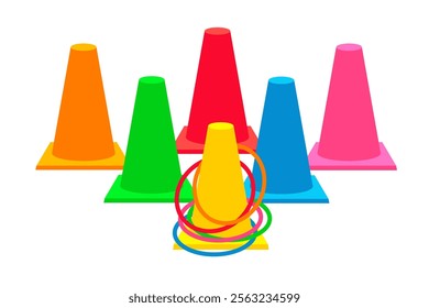 Throw rings game. Plastic colorful sports cones with hoops for activity game. Activity floor game. Fun active game cartoon vector illustration isolated on white background