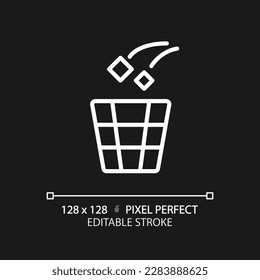 Throw rubbish pixel perfect white linear icon for dark theme. Use litter bin in toilet room. Put garbage in container. Thin line illustration. Isolated symbol for night mode. Editable stroke