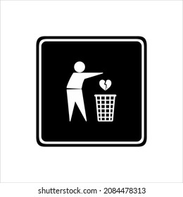 Throw Sadness, Desperate, Frustration, Hopeless, Hurt, Sorrow Because of Broken Heart to Right Place (Trash Bin). Vector Illustration