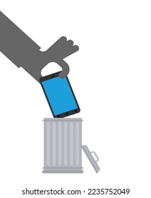 Throw Smartphone in trash. Hand throws telephone into trash can.