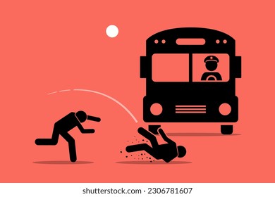 Throw someone under the bus. Vector illustrations clip art depicts concept of betrayal, sacrificial, exploitation, blame, undermine, vilify, and scapegoat. 