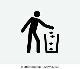 Throw Trash In Bin Place Rubbish Trash Can Trashcan Man Black White Silhouette Symbol Icon Sign Graphic Clipart Artwork Illustration Pictogram Vector