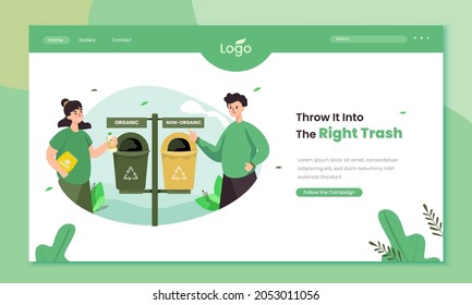 Throw trash into the right place illustration concept on landing page template