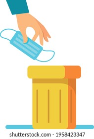 Throw the Used Mask into the Trash can in the hand. Yellow container. The concept of the end of the pandemic and covid-19 disease. Flat illustration clipart isolated on white clipart trend