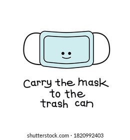 Throw the used mask in the trash. Children's vector illustration urging not to litter.