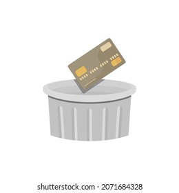 Throw your bank card into the trash can. Vector illustration, flat cartoon minimal design isolated on white background, eps 10.