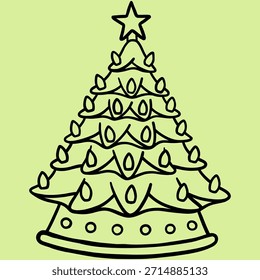 Árbol de navidad de cerámica decorado con luz colorida y línea de estrella de doodle dibujado a mano