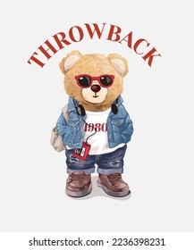 throwback slogan with bear doll and retro music player vector illustration