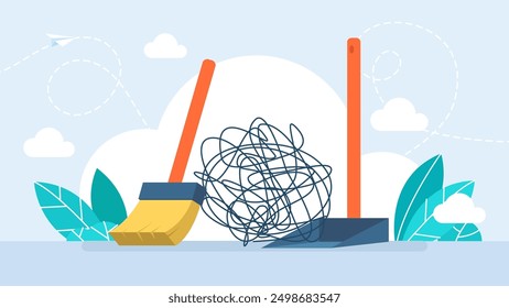 Throwing away problems, getting rid of mistakes or bad thoughts, concept of eliminating business problems. Emotional or mental problem, stress anxiety concepts, negative thinking. Vector illustration