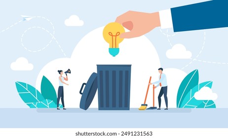 Throwing away problems. Wasted unworkable idea, business failure or abandoned projects concept, frustrated businessman throw away lightbulb idea in basket bin. Vector illustration