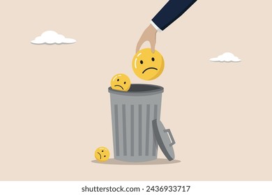 Throwing away sadness, eliminating failure in business to achieve success, business people throw sad emoticons into the trash.