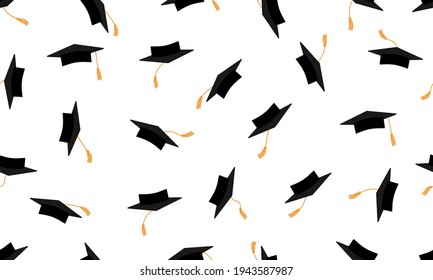 Throwing black square academic caps or mortarboards with yellow tassel, seamless pattern. Vector illustration.