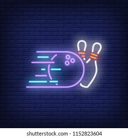 Throwing bowling pins neon sign. Fast bowling ball rolling on pins. Night bright advertisement. Vector illustration in neon style for success and leisure