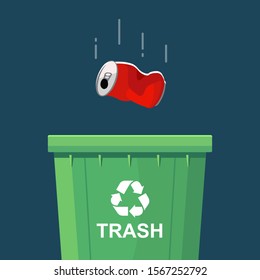 throwing a can in a green trash bin. flat vector illustration