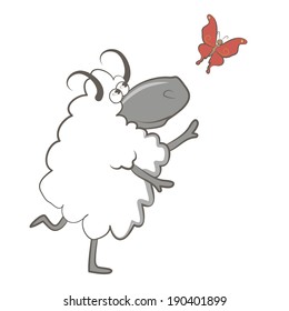 Throwing and cartoon sheep with horns looking at a butterfly