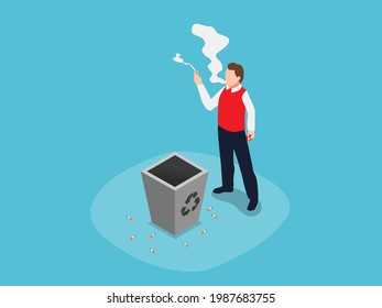 Throwing cigarette isometric vector concept. Man throwing cigarette butt on the trash can