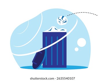 Throwing Crumpled Paper into Trash Bin Flat Style. Disposing of garbage and keeping workplace clean vector art