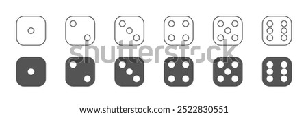 Throwing dice number set collection in 2 filled and outlined variations chance. Vector icons in flat style