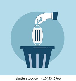 Throwing a dirty mask in the bin. Flat design with hand, mask and recycle bin icon