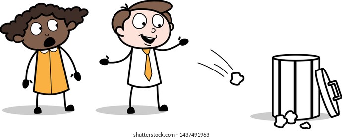 Throwing Dust Outside the Dustbin - Retro Black Office Girl Cartoon Vector Illustration