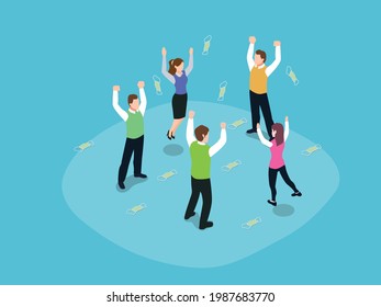 Throwing face mask isometric vector concept. Group of happy people throwing face mask enjoying freedom