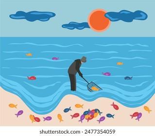 Arrojar red de pesca durante el amanecer. Hombre con red de aterrizaje negra buscando peces en el mar Báltico. Muchos peces en una playa de arena del Báltico. Sol y nubes. Diseño de Vector plano. Luz del sol