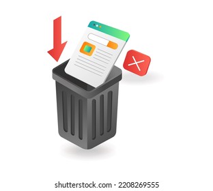 Throwing folder data to trash in isometric flat illustration